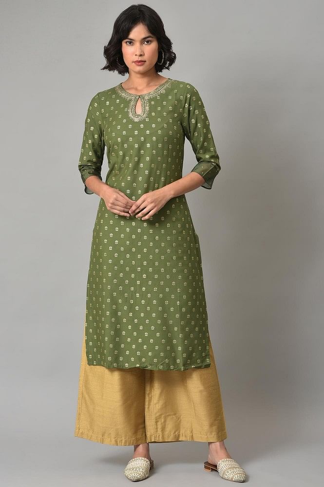 Dark Green Cotton Blend Lurex Angarkha With Golden Lace Inserts Kurta –  Nykaa Fashion